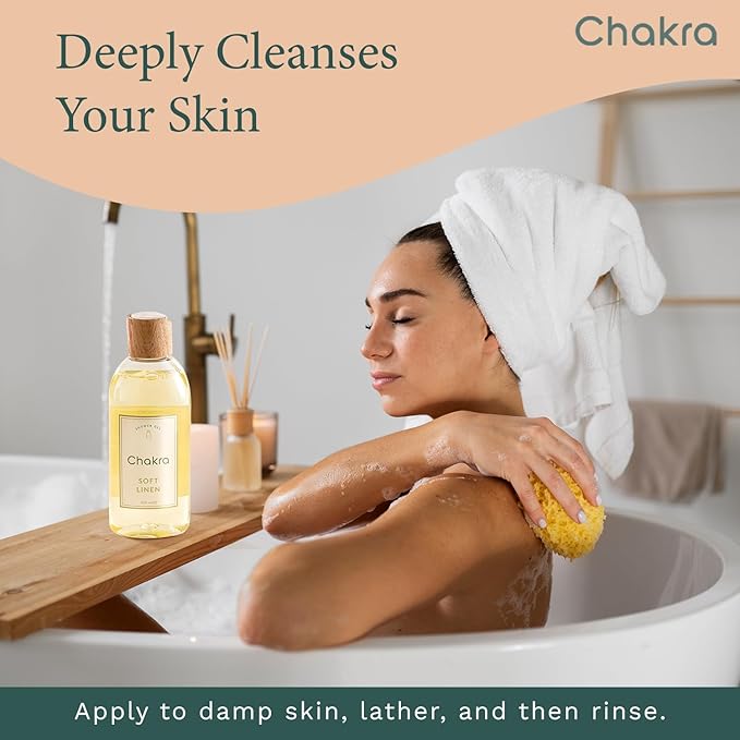 Chakra Body Wash for Women & Men - Moisturizing Shower Gel for Deep Cleansing and Silky Skin - Gentle Daily Body Care with Long-Lasting Freshness, 8.45 fl oz, Soft Linen