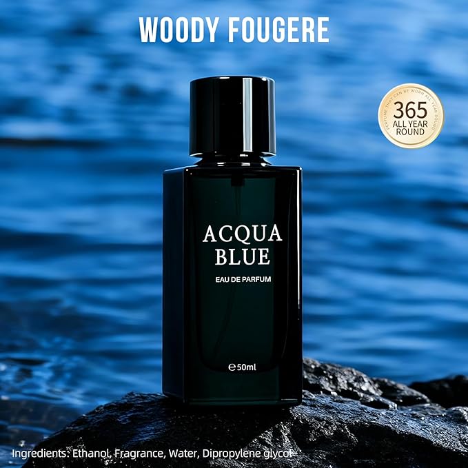 Acqua Blue Eau de Parfum for Men, 50ml Fresh Woody Fougere Cologne with Lemon, Mint & Pink Pepper Notes, Long-Lasting Clean Masculine Fragrance for Office, Daily Wear & Gifts