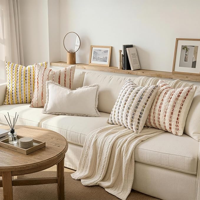 ANRODUO Boho Chenille Decorative Pillow Covers 20x20 Inch Set of 2 Orange | Textured Tufted Stripes Woven Cushion Case, Farmhouse Accent Neutral Pillowcase for Couch Sofa Bed Living, Room Decor