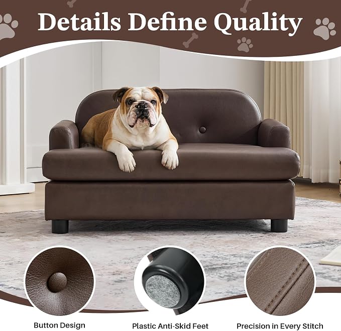 Luxury Dog Sofa Bed Elevated Pet Couch with Durable Waterproof Leather | Dog Couch with Orthopedic Sponge, Modern Furniture Style Dog Lounge & Pet Bedside Step, for Small/Medium Dogs/Cats, Gray