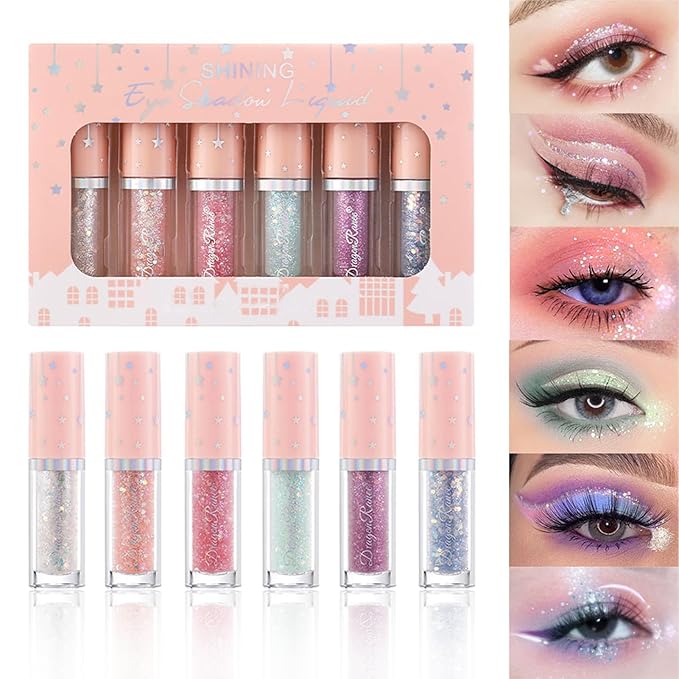 BONNIE CHOICE 6Pcs Liquid Glitter Eyeshadow Eyeliner, Korean Makeup Glitter Shinning Eye Liner Long Lasting Quick Drying Pigmented Loose Bling Under Eye Shadow Makeup Valentine's Day Gifts for Women