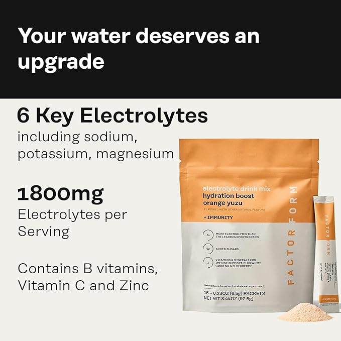 FACTOR FORM Hydration Boost Electrolyte Powder | 1800mg Electrolytes | Vitamin C, D, B6 & B12 for Energy & Immunity | No Added Sugar | 5 Calories | 15 Packets (15 Packets, Orange Yuzu)