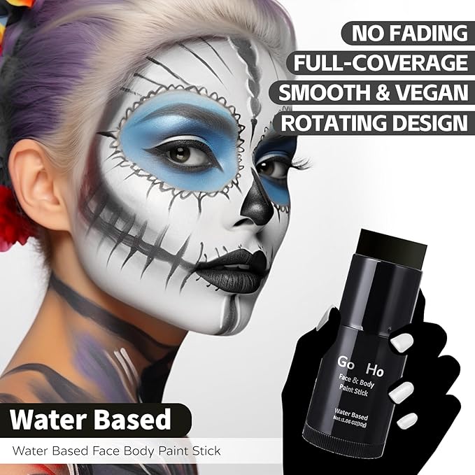 Go Ho Black Face Paint,Easily Washable Formula Face Body Paint Stick,Non-toxic Full-coverage Cream Black Body Paint for Halloween Costumes Cosplay SFX Skeleton Goths Makeup