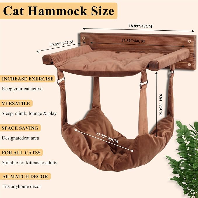 JSPYFITS Wooden Cat Furniture Wall Mounted, Double Layer Hammock, Large Size 18.9″ Removable Multi-Function Cat Bed for Sleep/Play/Climb, Kitten Window Perch, Easy DIY Installation(Brown)