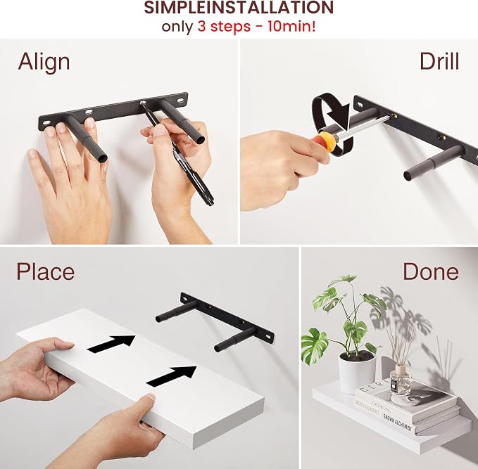 BAYKA White Floating Shelves 15.7in, Set of 4, Wall Mount Rustic Wood Shelf | Easy Install, 22lbs Max Load, Hidden Bracket, Hanging Shelf for Books/Storage/Room Decor, Multi-Wall Compatible