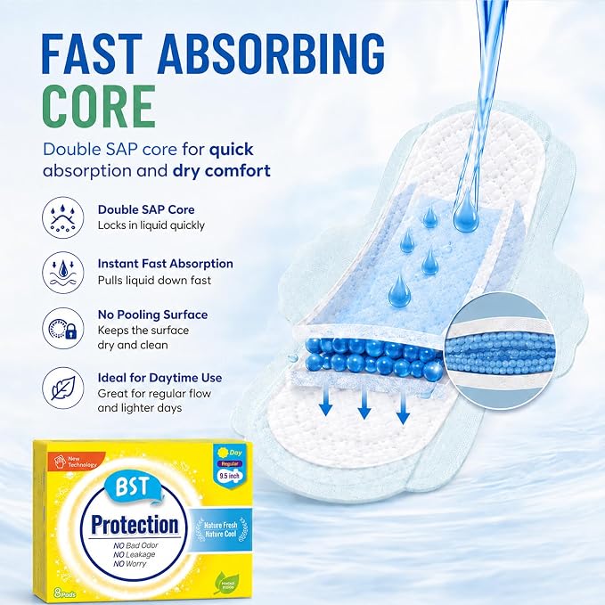 BST Mint Fresh Pads for Women, Breathable Thin Sanitary Napkins with Wings, Odor Control, Moderate Absorbency, Feminine Care, Active Lifestyle Use(Regular, 8 Count, Packaging May Vary)