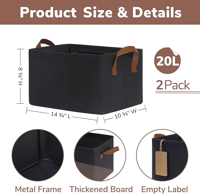 CHICVITA 20L Fabric Storage Bins with Handles, Metal Frame, 2-Pack, Black | 14 ¾" L x 10 ¼" W x 8 ¼" H, Clothes, Towels, Toys & Books Storage, Living Room, Bedroom & Entryway Organization