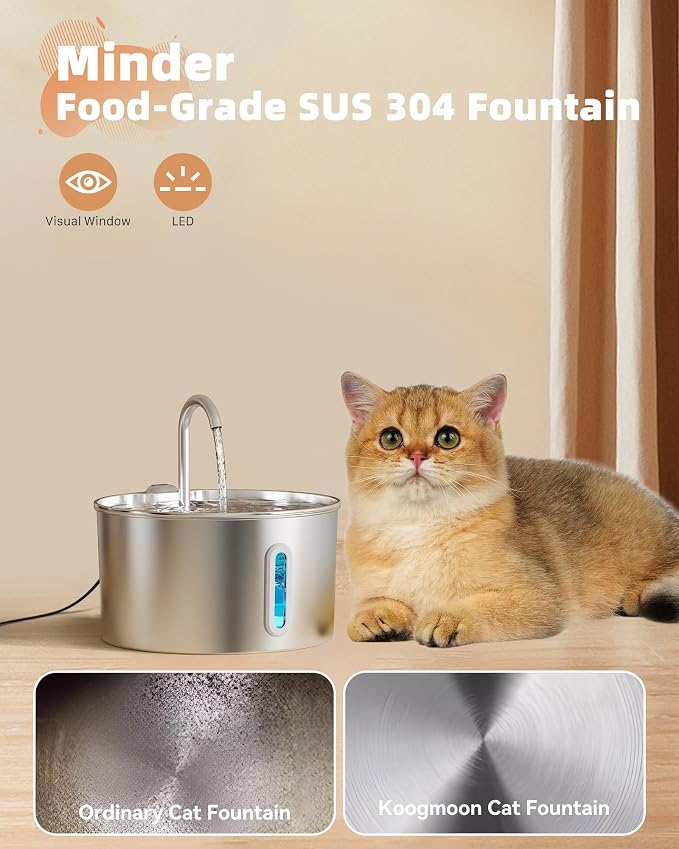 108oz/3.2L Cat Water Fountain Stainless Steel with 6 Filters 3 Sponges | Pet Fountain for Drinking with Water Level Window, Ultra Quiet Pump, Kitty Spout, Automatic Cat Feeding & Watering Supplies