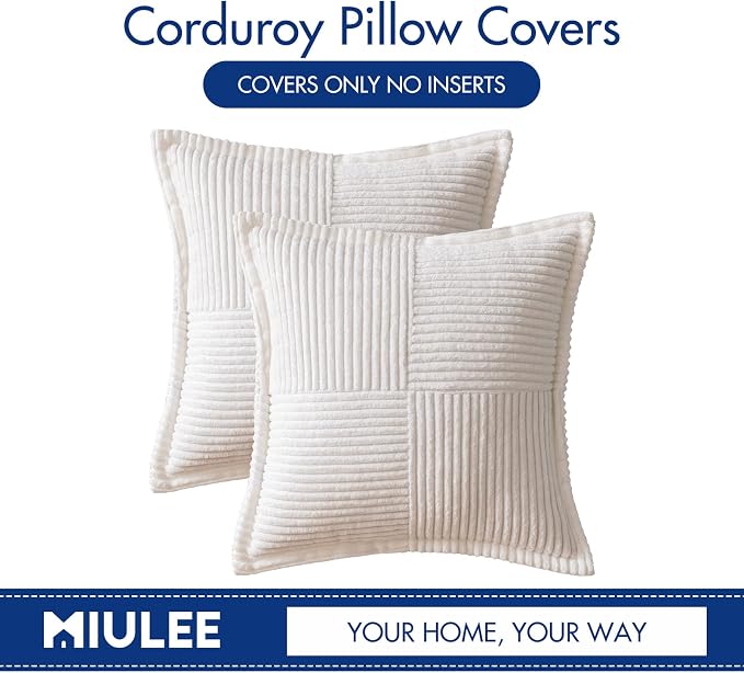 MIULEE Decorative Throw Pillow Covers for Couch 16x16 Inch White 2 Pack | Boho Broadside Striped Patchwork Pillow Covers, Soft Corduroy Cushion Cases, For Sofa Bed Livingroom Home Decor