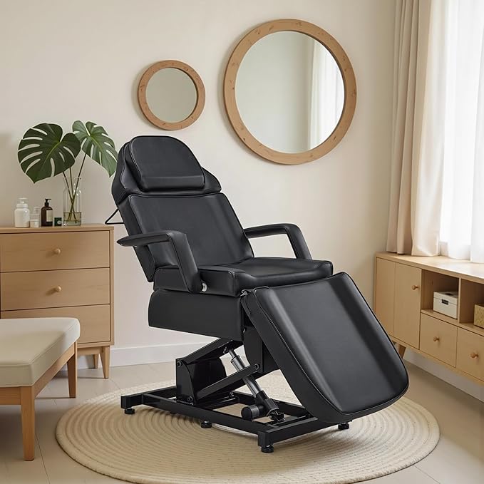 BarberPub Fully Electric Facial Bed with 3 Motor for Esthetician, Electric Tattoo Chair for Client, Facial Bed for Esthetician, Electric Adjustment 2751 (Black, Height (Flat): 25.2"–37")