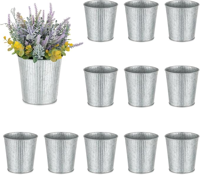 NUPTIO Galvanized Vases for Centerpiece, 5" Small Ribbed Vase, 12 Pcs | Rustic Metal Planter Pots, for Flowers, Wedding, Table, Home, Decor