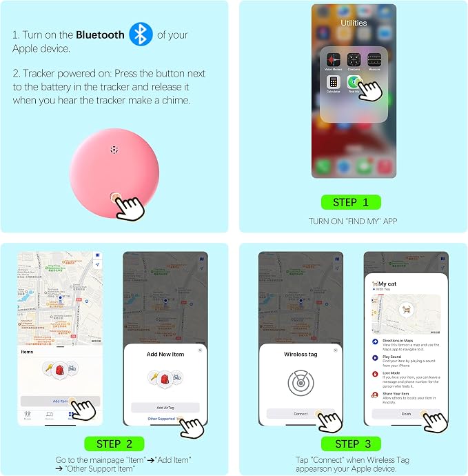 Cat Tracker, GPS Pet Tracker for Cats (Only iOS), Leather Cat Collar with Tracker, Works with Any Collar, No Monthly Fee, Compatible with Apple Find My App not for Android (Pink)