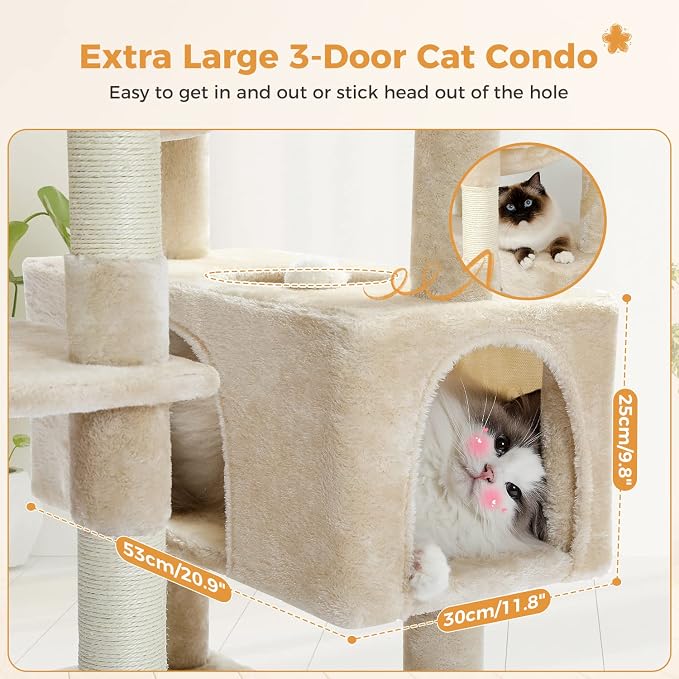 PAWZ Road 72" Cat Tree, Tall Cat Tower with Hammock& Condos for Large Cats | 20"x16" hammock for adult cats, cat tower with 7 scratching posts&pad, dual top perch and large condo for big cats