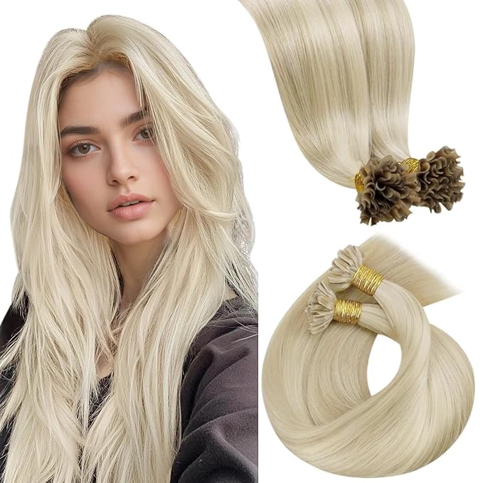 LaaVoo K Tip Hair Extensions Real Human Hair Bleach Blonde U tip Hair Extension Human Hair Hot Fusion Blonde KTip Human Hair Hair Extensions 22 inch 50g/50s