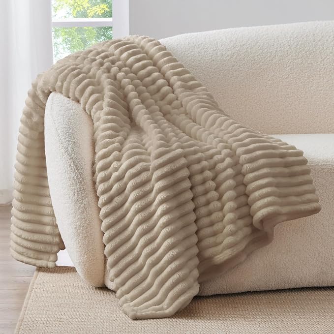 BEDELITE Ribbed Fleece Throw Blanket for Couch, Linen, 50"x70" | Ultra-Soft Plush Fleece, Warm Yet Lightweight, Ribbed Texture, Home Decor, Machine Washable, Giftable, All-Season Use
