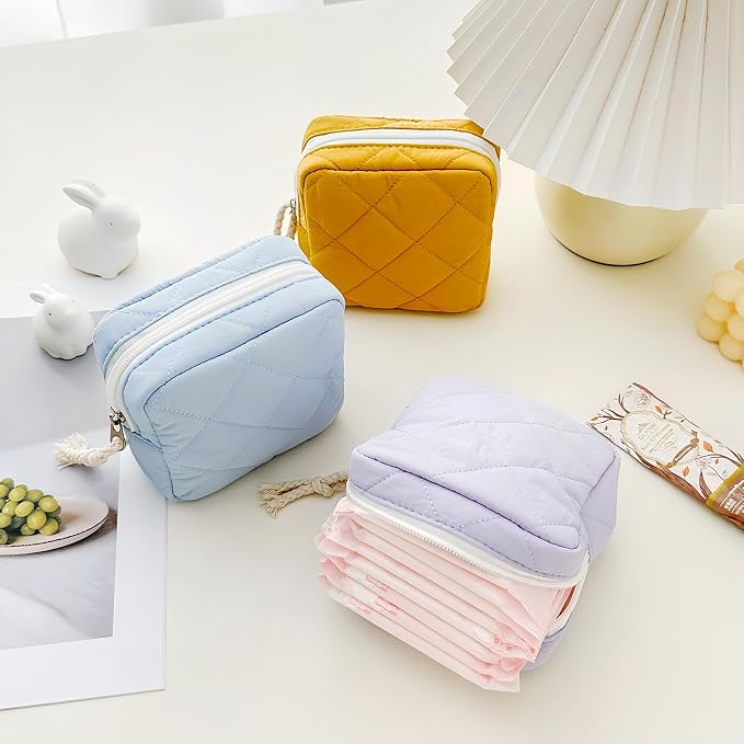 Small Makeup Bag | Discreet Period Bag Pad Pouch for Purse| Sanitary Napkin Storage & Tampon Holder for Travel (Quilted light blue)
