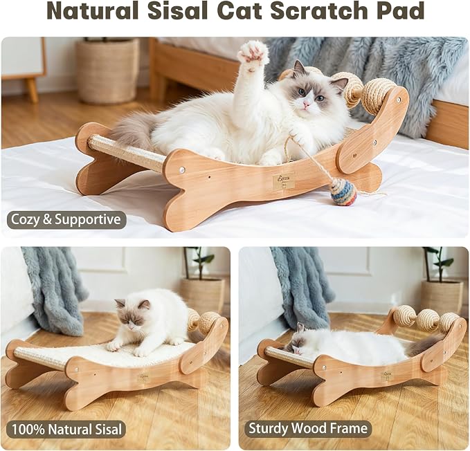 Sisal Cat Scratcher Bed with 3 Ball, Hammock Lounge Indoor Cats | Scratch Pad & Furniture Protector, Modern Wood 3-In-1 Multi-Use for Scratching, Resting & Playing Large Cats Space-Saving