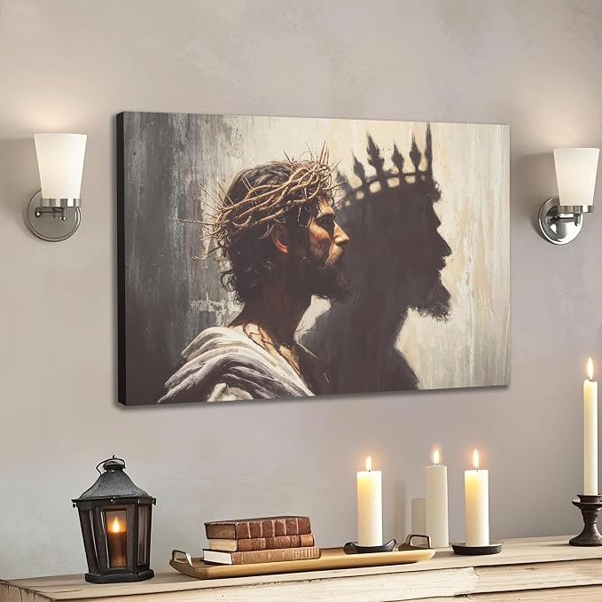 Framed Jesus is the King Christian Wall Art, Jesus and Crown Canvas Wall Decor Christ Biblical Pictures Painting Prints Religious Room Decor for Church Prayer Room Schools Hospitals 24" x 16"