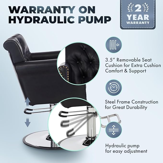 Buy-Rite Chelsea Styling Chair - Black Tufted Salon Chair with Nailhead Trim, 3.5" Removable Cushion, Hydraulic Pump & Padded Arms for Professional Stylists, NIN-9902-BLK