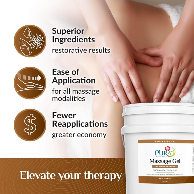 Coconut Therapy 5 Gallon Massage Gel, Coconut Oil, Professional, Massage Therapy, Deep Tissue, Unscented, Natural Ingredients, Skin Hydrating, Moisturizing, Muscle Relief, for Bruising
