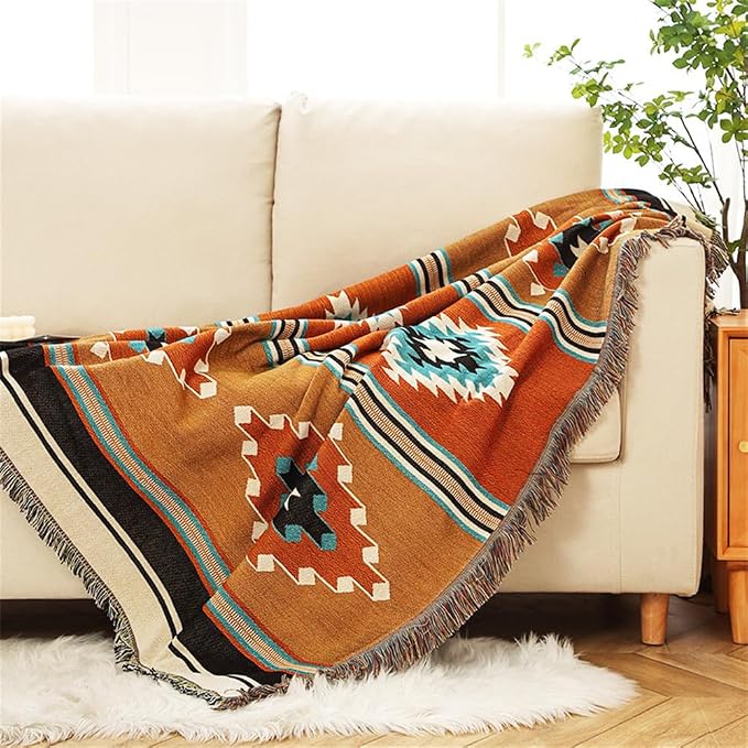 Homesy Aztec Throw Blanket Native Southwestern Bed Blankets 51"x63" Brown | Southwest Decor,Boho Style,Sofa Chair Cover,Outdoor Beach Car Tent Travel Camping Use,Tapestry,Reversible and Tassels