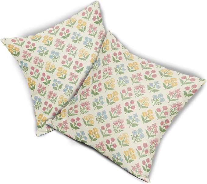 Spring Floral Block Print Pillow Covers 22x22 Inch Set of 2, Easter Decoration Pink Yellow Blue Flower Decorative Throw Pillowcases Outdoor Farmhouse Cushion Covers Holiday Sofa Couch Bed Decor