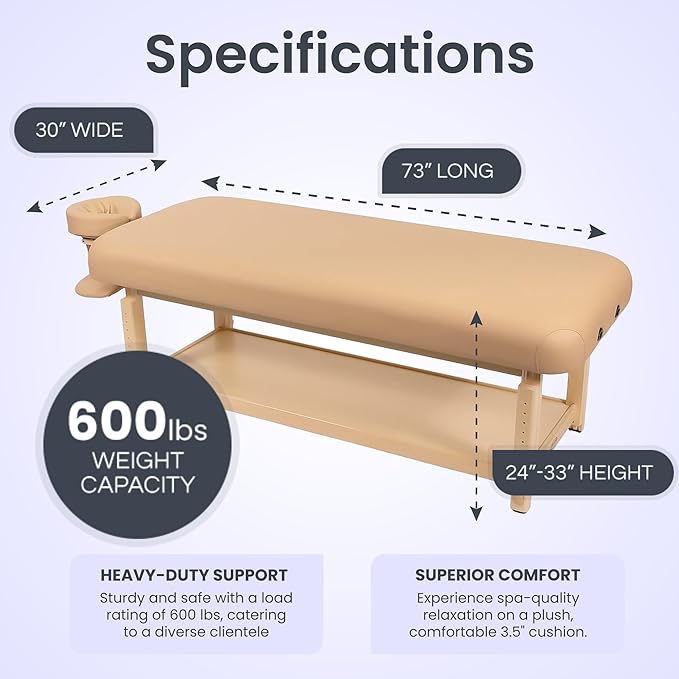 Professional Stationary Massage Table with Adjustable Headrest and Arm Shelf - Premium 3.5" Multi-Layer Soft-Foam System, Ergonomic Design Table for Therapists - 30" W x73 L - (Beige)