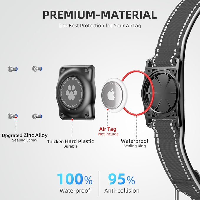 Upgrade Dog Collar with AirTag Holder, IP68 Waterproof, Ebony, M | Built-in Water Resistant AirTag holder, 1000D Nylon, Reflective Stitching for Night Visibility, Soft padding for Comfort