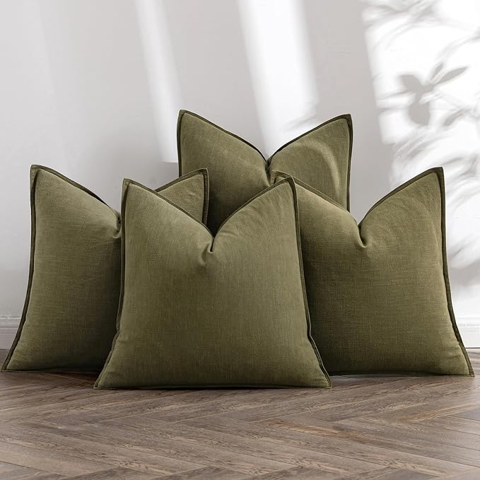 MIULEE Olive Green Boho Linen Pillow Covers 20x20 Inch Pack of 4 | Natural Decorative Throw Pillow Covers, Soft Farmhouse Couch Pillowcases, Modern Decors for Living Room Bed Sofa