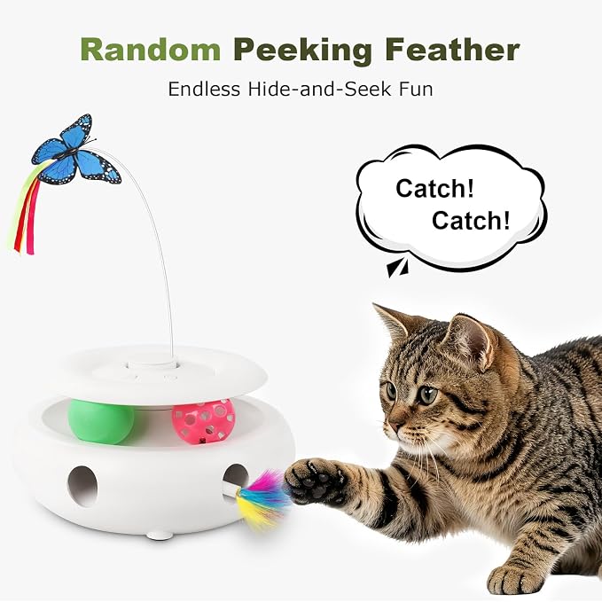 Cat Toys for Indoor Cats, 3-in-1 Interactive Cat Toy Automatic Kitten Toys with Fluttering Butterfly, Ambush Feather and Track Balls, Smart Sensor Wake-Up,USB Powered, Exercise & Boredom Relief
