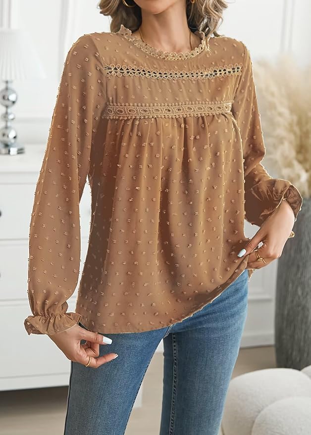Womens Boho Tops Long Sleeve Shirts For Women Cute Crewneck Blouse Dressy Casual Swiss Dot Crochet Hollow Top 2026