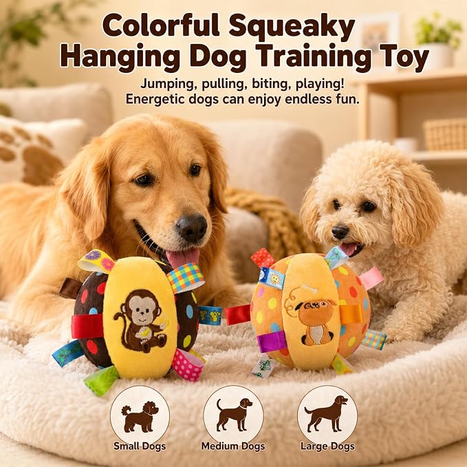 Colorful Squeaky Hanging Dog Training Toy, Dog Plush Toy,6-Inch Soft Stuffed Ball with Cotton Material, Pet Interactive Fetch Toy for Small to Large Dog (Monkey, Brown)