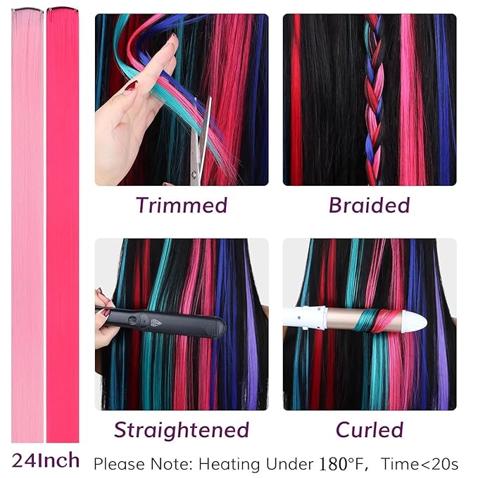 IDN BEAUTY Colored Clip in Hair Extension, 12PCS Pink Hot Pink 24Inch Multicolored Deep Purple Mix Synthetic Hair Pieces for Women, Hair Accessories for Party Cosplay Travel Birthday