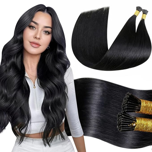 LaaVoo I Tip Hair Extensions Human Hair Jet Black I Tips Hair Extensions Real Human Hair Black Women 14 inch 40g 80s