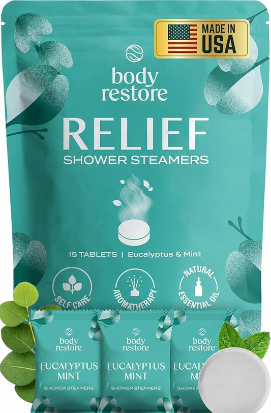 Body Restore Shower Steamers Aromatherapy 15 Pack – Fathers Day Gift for Dad, Birthday Gifts for Women & Men, Spa Stress Relief & Relaxation Self Care Gifts – Premium Eucalyptus Essential Oil Tablets