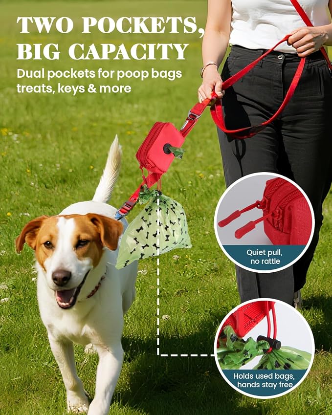 Dog Poop Bag Holder for Leashes, Red Doggie Waste Bag Dispenser and Treat Holder, with Carabiner Hook and Poop Bag Clip, Used Waterproof Wear-Resistant Fabric and 2 Zippered Pouches for Walking
