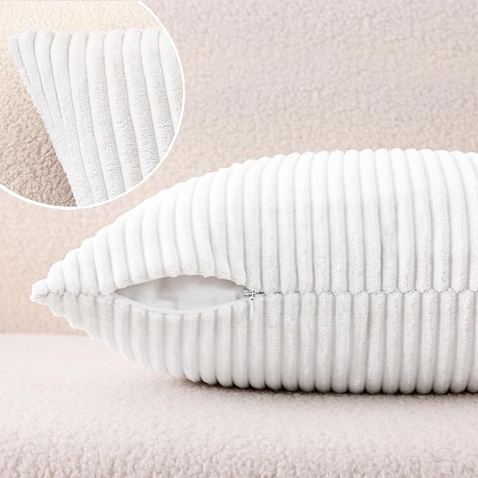 Mecatny Corduroy Decorative Throw Pillow Covers 24x24 Set of 2 White | Soft Striped Texture, Hidden Zipper Design, Neutral Boho Square Pillow Cases for Sofa Couch Living Room Bedroom, Home Décor