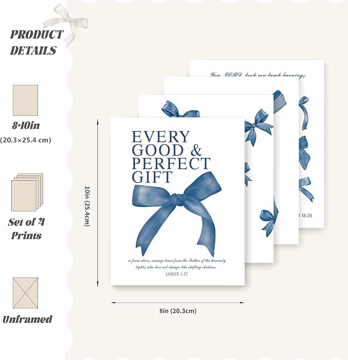 LARTSFRO Coquette Navy Blue Bow Wall Art Decor Posters, Navy Blue Bow Room Bedroom Bathroom Dorm Wall Art Decor Aesthetic for Teen Girls Gifts, Inspirational Bible Verses Bow Wall Decor, 10x8 Inch Set of 4 Pcs Bow Pictures (UNFRAMED)