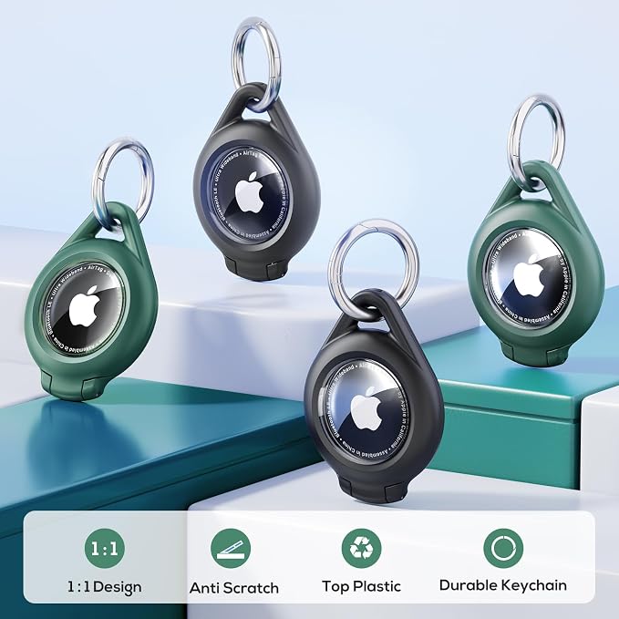 typecase IP67 Waterproof AirTag Holder, 4-Pack Keychain Case, Black/Green | Compatible with Apple AirTag 1st/2nd Gen, ABS + PC shell, 4 clips for keys, luggage, bags & pet collars, AirTag not included