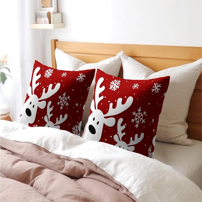 Kawani Christmas Deer Throw Pillow Covers 20x20 Inches, Set of 2 Red Xmas Reindeer Snowflakes Cotton Linen Pillowcase Soft Farmhouse Cushion Case for Couch Sofa Bed Living Room Decor