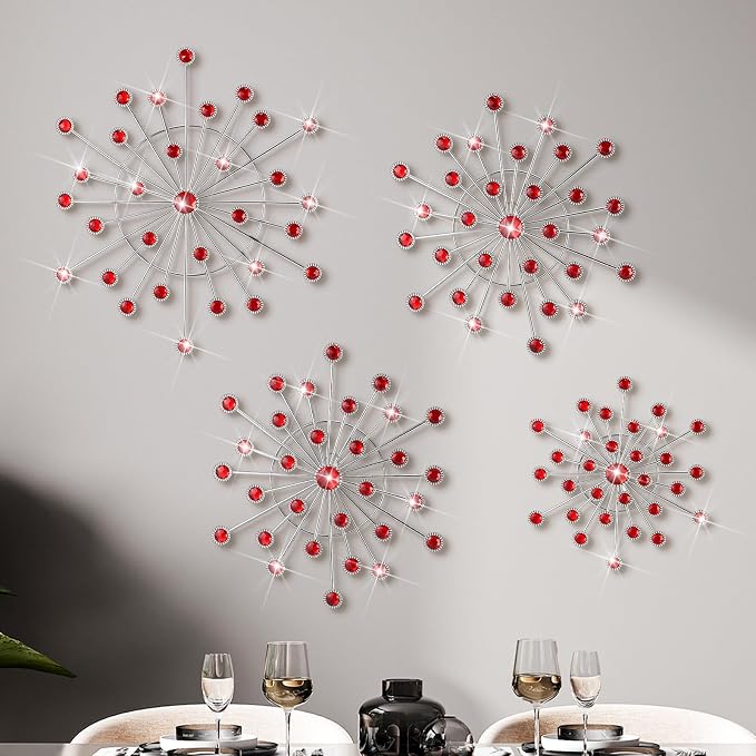 Blulu 4 Pcs Metal Wall Decor Bling Crystal Wall Art Cast Iron Rhinestones Sunburst Decor Starburst Art Hanging Diamond Accents Decorative for Living Room Bedroom Entryway (Red)