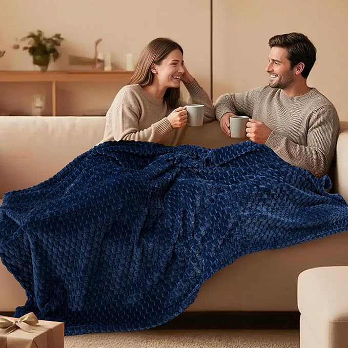 Vessia Flannel Fleece Throw Blanket(50x70 inch), 3D Jacquard Navy Blue Fuzzy and Warm Blanket for Couch, Sofa, Bed, Chair, 300GSM Super Soft Touch Cozy Lightweight Throw for All-Season Home Decor