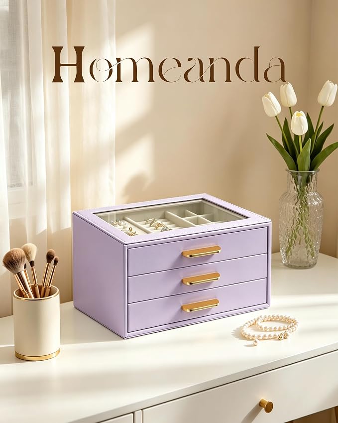Homeanda Jewelry Boxes Organizer with Glass Lid, 3-Layer PU Leather, Purple | Modern style display case with 3 drawers for daily jewelry, women, mom or girl gift