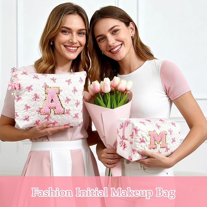 Initial Makeup Bag, Valentines Day Gifts for Women Teens Girls Birthday Gift Personalized Bow Cosmetic Bag, Quilted Cosmetic Travel Toiletry Pouch, Cute Makeup Organizer Teen Girl Gifts Trendy Stuff K