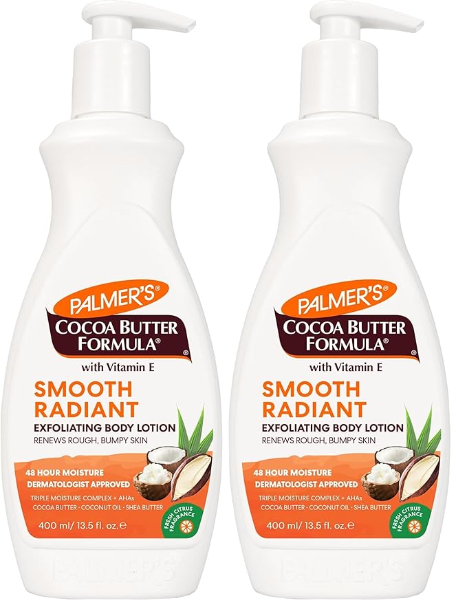 Palmer's Cocoa Butter Formula Retexture & Renew Exfoliating Body Lotion for Rough & Bumpy Skin, Triple Action Moisturizers + AHAs, Pump Bottle, 13.5 Ounce (Pack of 2)
