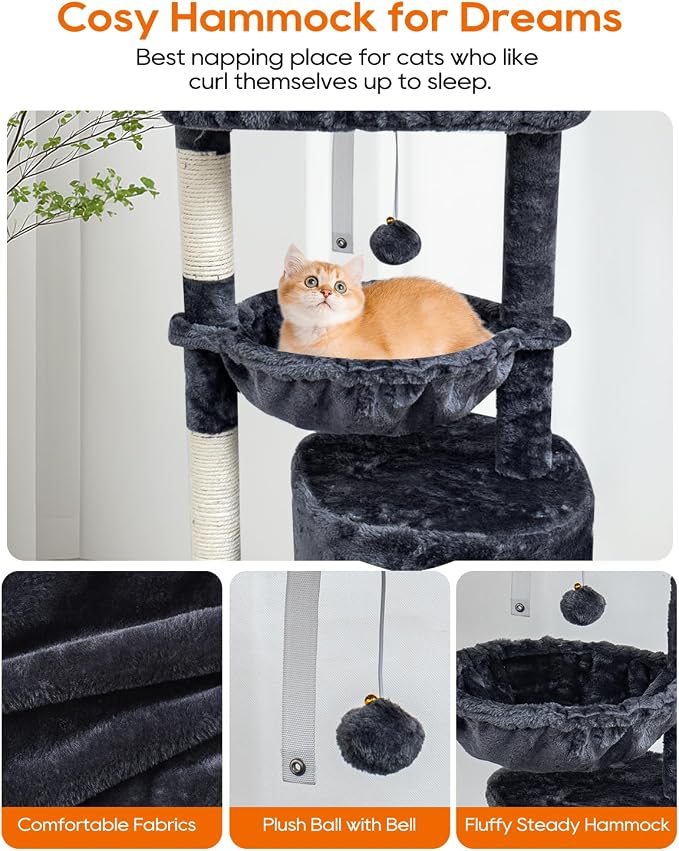 SYANDLVY Small Cat Tree for Indoor Cats, Cat Tower with Scratching Post | Modern Cat House with Padded Perch, Kittens Condo with Cradle, Smoky