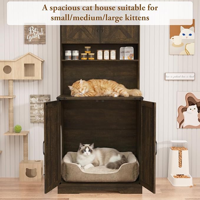 71Inches Tall Cat Litter Box Enclosure for Cats W/Power Outlets,Open Shelves.Wooden Pet Washroom Furniture W/Lock,Cabinet.White Indoor Cats House,Hidden Cat Litter Box for Living Room,Bedroom(Brown-2)
