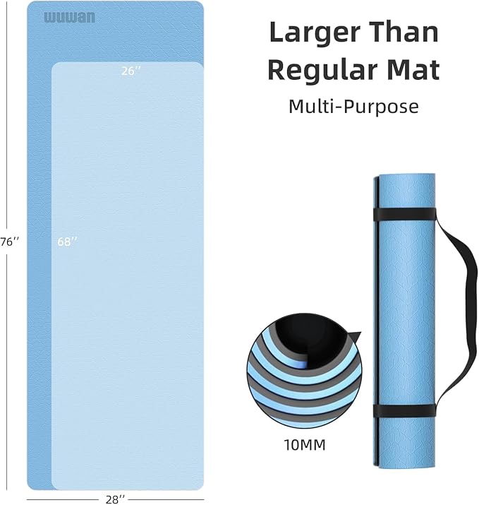 10mm0.4"TPE Yoga Mat Thick Wide Large for Home Workout Carrying Strap | Non Slip Exercise Mats Cushioned Joint-Friendly Stable,76"x28"Extra long Tapis Entrainement Au Sol Fitness,Pilates Gym Travel