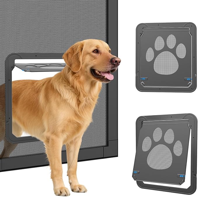 Dog Door for Screen Doors, Large Dog Opening for Sliding Doors, Inner Flap 12"×14" Lockable Magnetic with Automatic Close, Sturdy ABS Pet Doorway for Small to Large Dogs, Black L