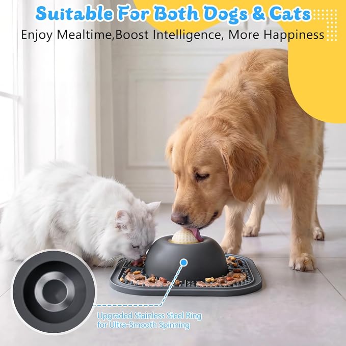 Slow Feeder Dog Bowls & Lick Mat for Liquid and Thick Treat, Anti-Slip Dog Lick Bowl with Interactive Rolling Ball, 5/6 Cup Pup Licking Toy for Large Medium Small Dogs and Cats-Large Gray